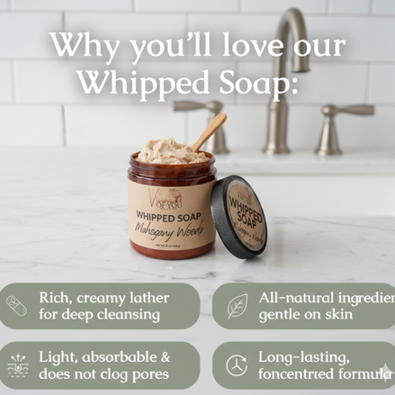 Luxurious all-natural Whipped Soap with a creamy, hydrating lather. Vegan, cruelty-free body cleanser perfect for daily use and shaving