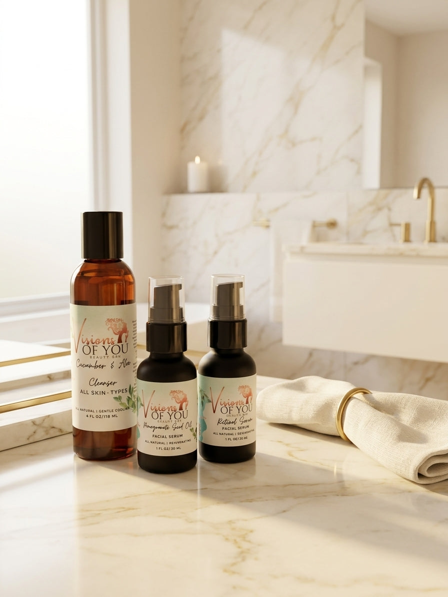 The Evening Savasana Renewal Set — Retinol Serum, Pomegranate Seed Oil & Aloe Cleanser Bundle | Visions of You Beautiful