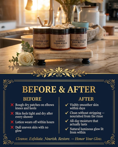The Farmhouse Whipped Ritual | Whipped Soap 8oz, Whipped Sugar Scrub 8oz, Whipped Tallow Body Butter 8oz + Body Buffer