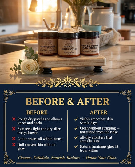 The Farmhouse Whipped Ritual | Whipped Soap 8oz, Whipped Sugar Scrub 8oz, Whipped Tallow Body Butter 8oz + Body Buffer